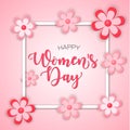 Happy Woman`s Day! Paper Cut Style.! Vector lettering illustration with flowers on pink background